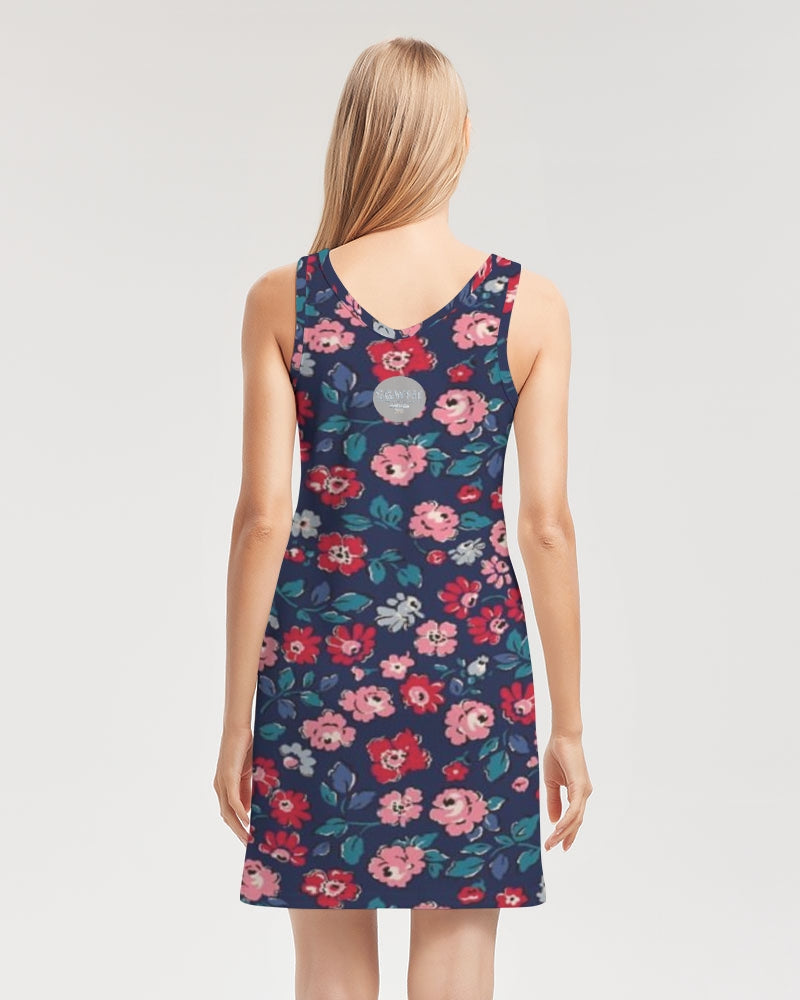 Midnight blue pretty glance. Women's All-Over PrintRib Knit V Neck Mini Dress