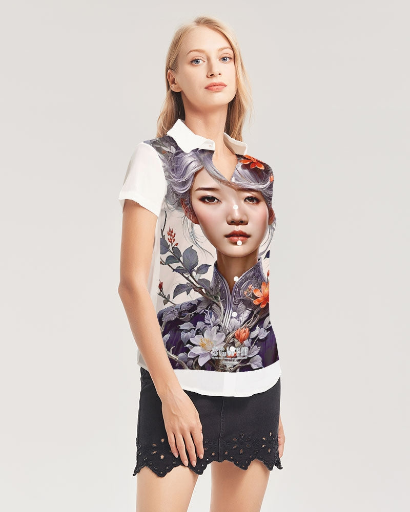 Beautiful Asian woman grey hair blossom Women's All-Over Print Short Sleeve Button Up