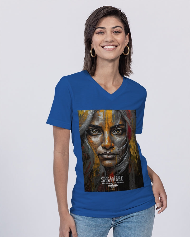 South Asian silver grey white hair sisters portrait Unisex Jersey V-Neck Tee | Bella + Canvas
