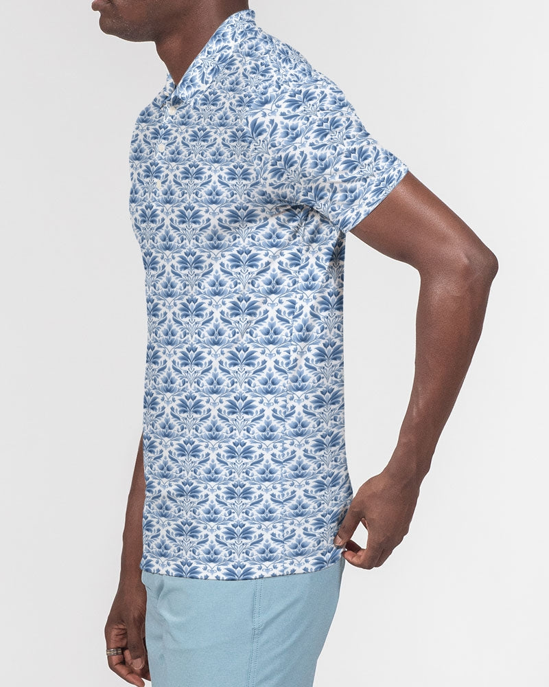 light blue Royal patten Men's All-Over Print Slim Fit Short Sleeve Polo