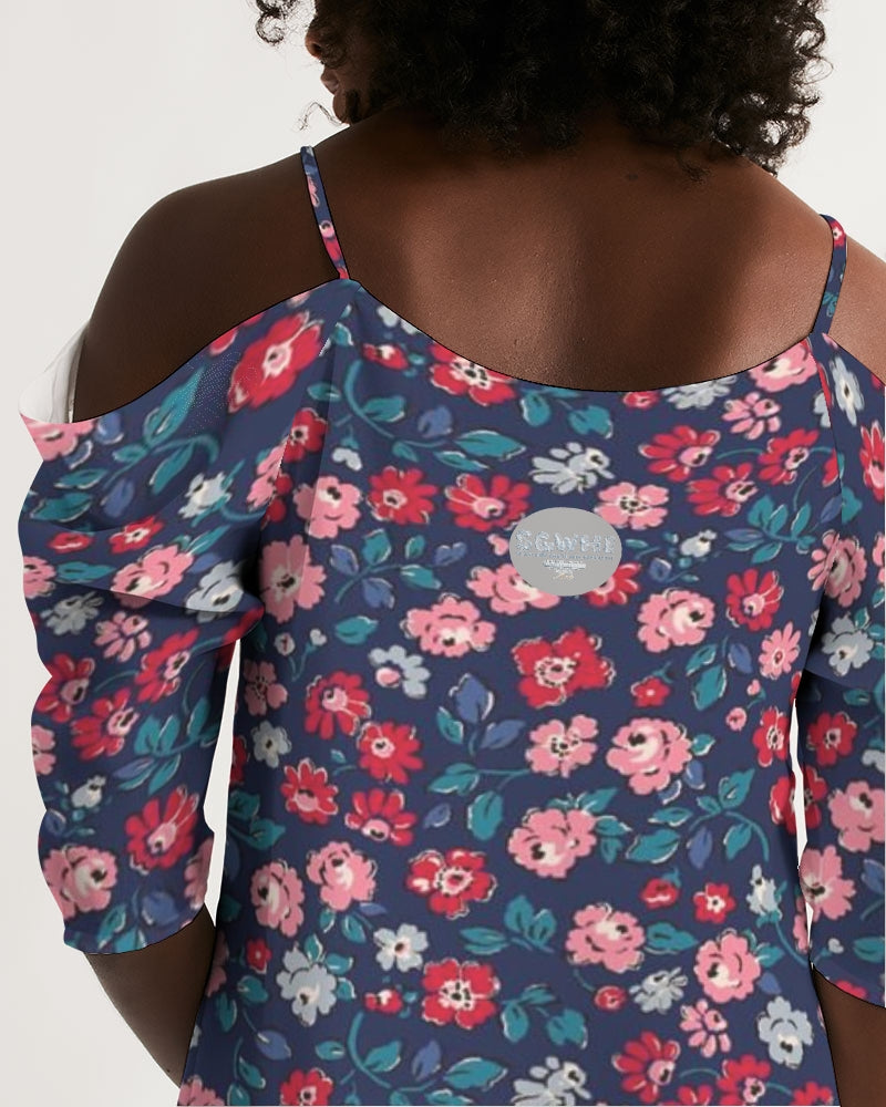 Midnight blue pretty glance. Women's All-Over Print Open Shoulder A-Line Dress