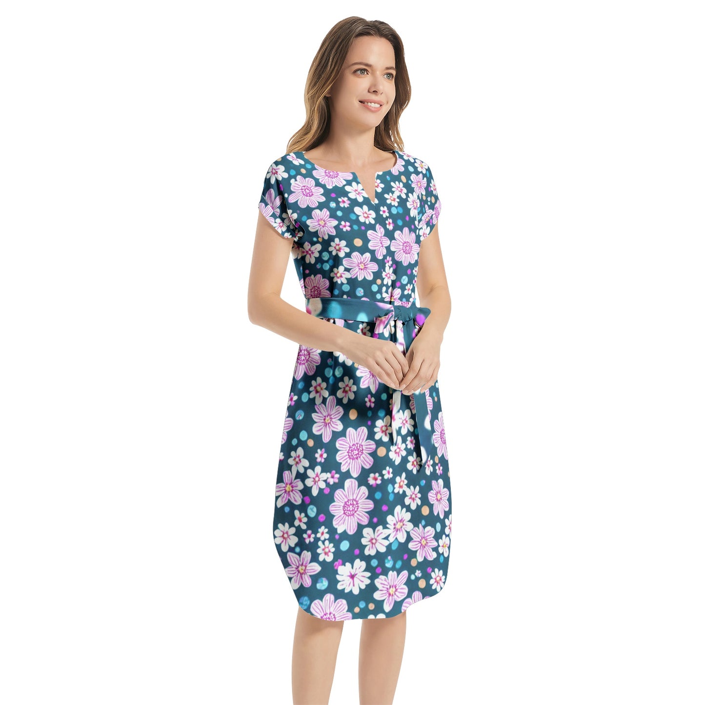 Notched Neck Belted Dress