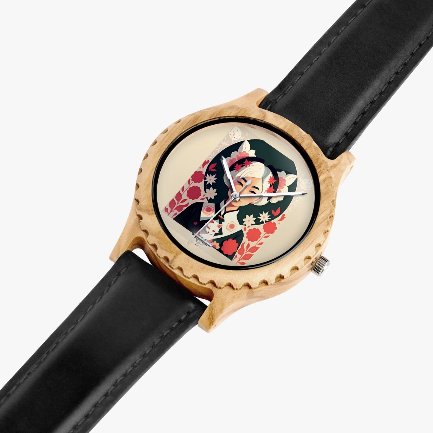 Asian the SilverFox Italian Olive Lumber Wooden Watch - Leather Strap