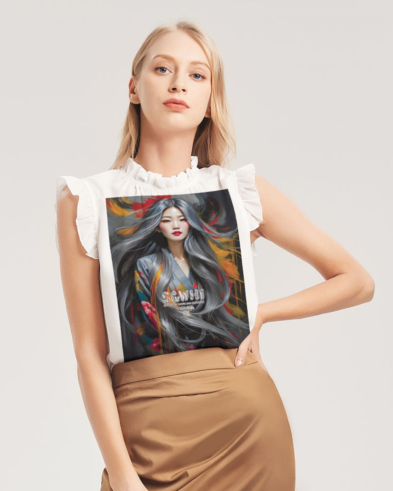 This is part three of a three part collection Women's All-Over Print Ruffle Sleeve Top