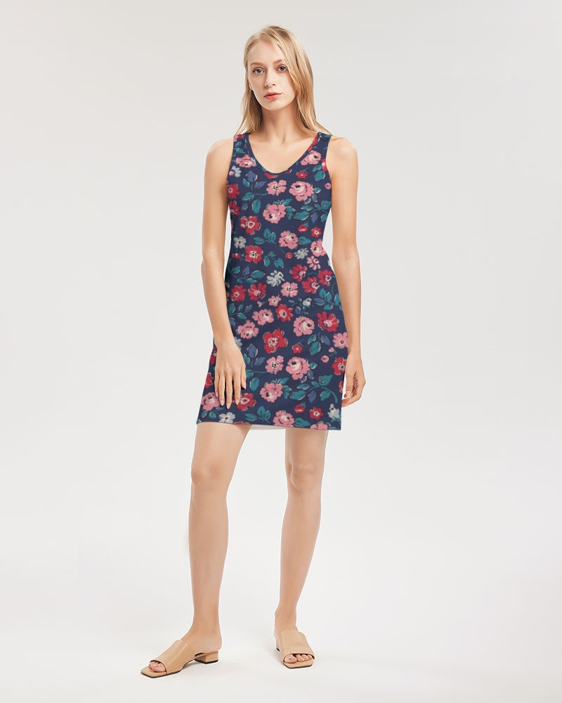 Midnight blue pretty glance. Women's All-Over PrintRib Knit V Neck Mini Dress
