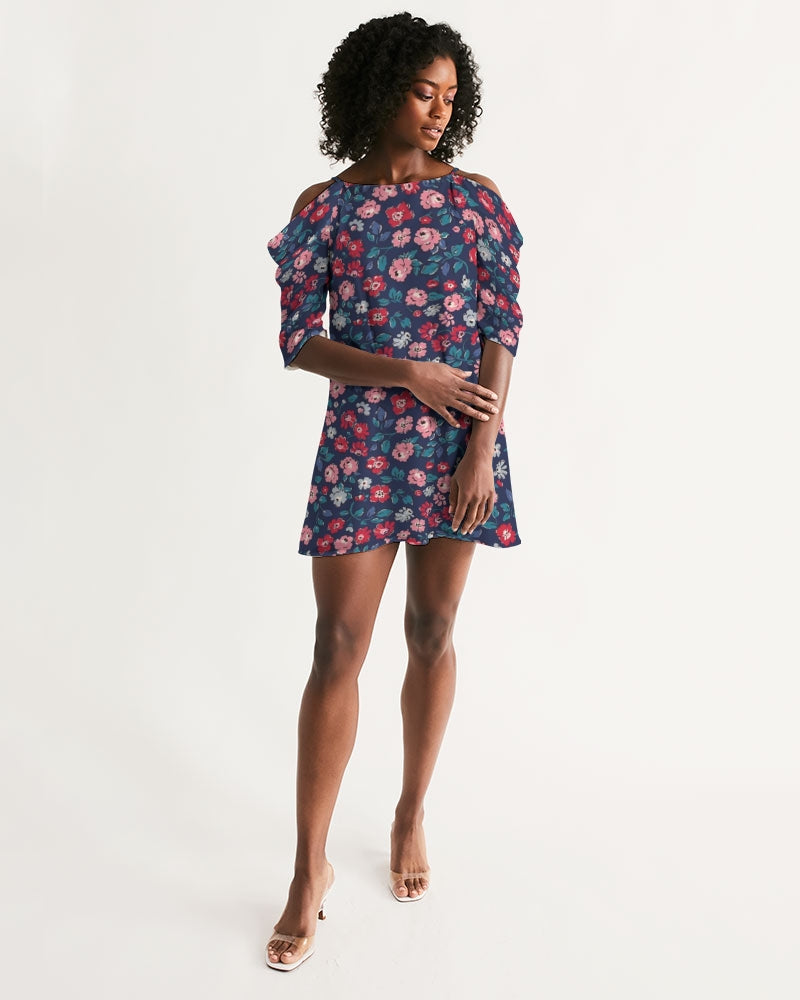 Midnight blue pretty glance. Women's All-Over Print Open Shoulder A-Line Dress