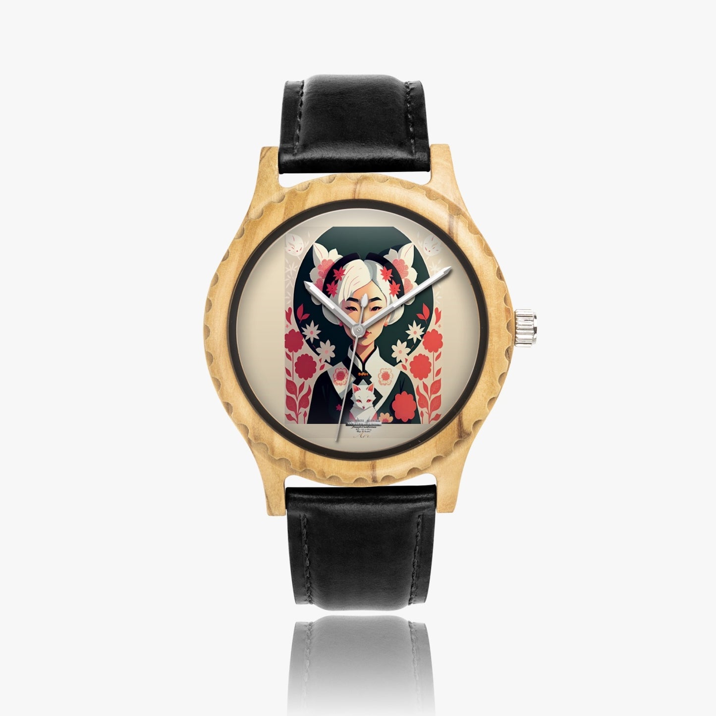 Asian the SilverFox Italian Olive Lumber Wooden Watch - Leather Strap
