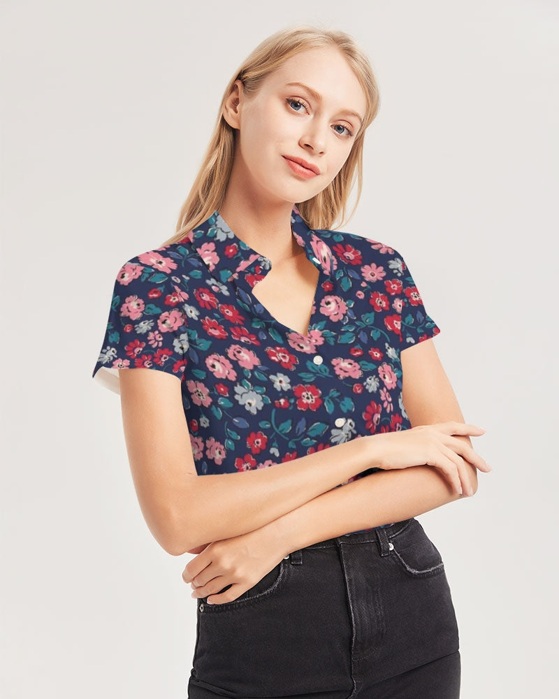 Midnight blue pretty glance. Women's All-Over Print Short Sleeve Button Up