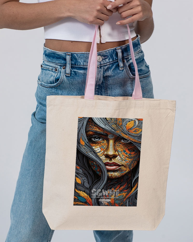 Beautiful Mosaic White Sister Canvas Tote with Contrast-Color Handles | Q-Tees