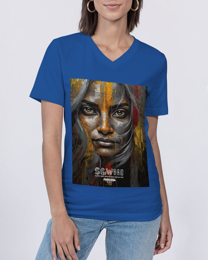 South Asian silver grey white hair sisters portrait Unisex Jersey V-Neck Tee | Bella + Canvas
