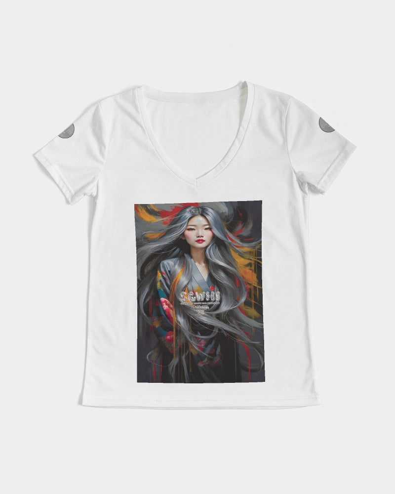 This is part three of a three part collection Women's All-Over Print V-Neck Tee