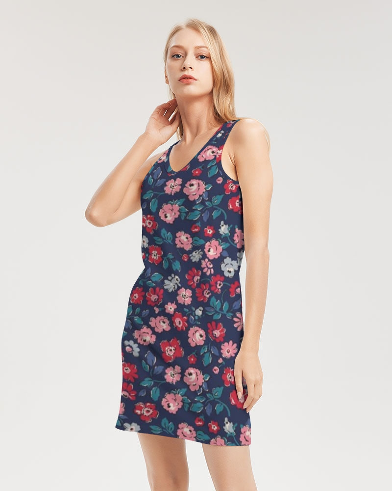 Midnight blue pretty glance. Women's All-Over PrintRib Knit V Neck Mini Dress