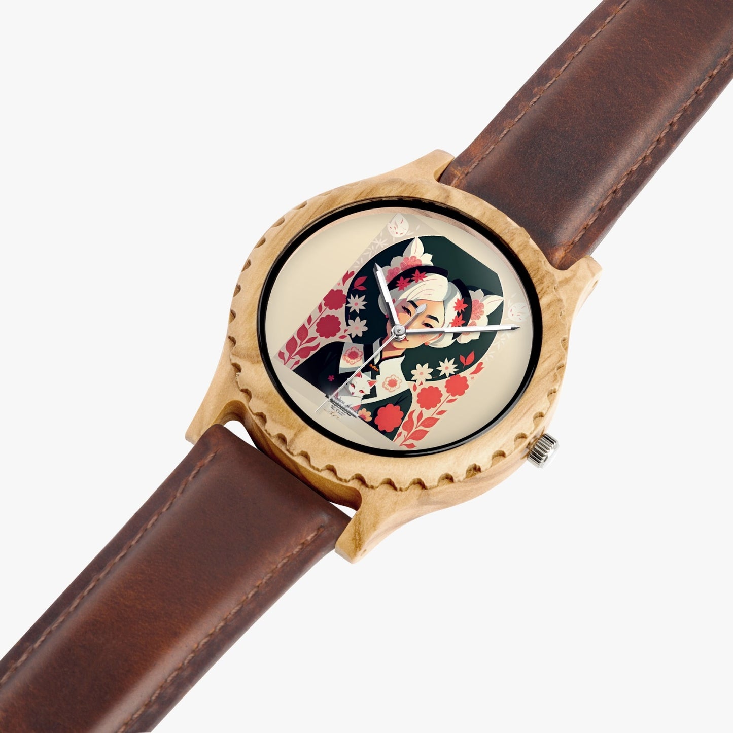 Asian the SilverFox Italian Olive Lumber Wooden Watch - Leather Strap