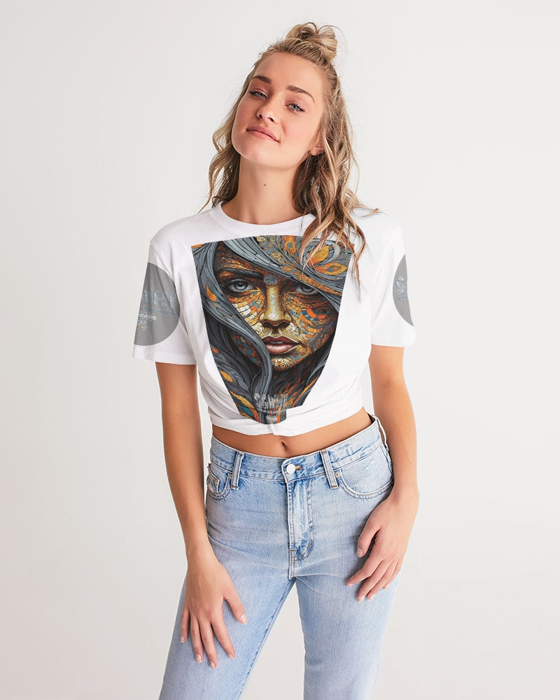 Beautiful Mosaic White Sister Women's All-Over Print Twist-Front Cropped Tee
