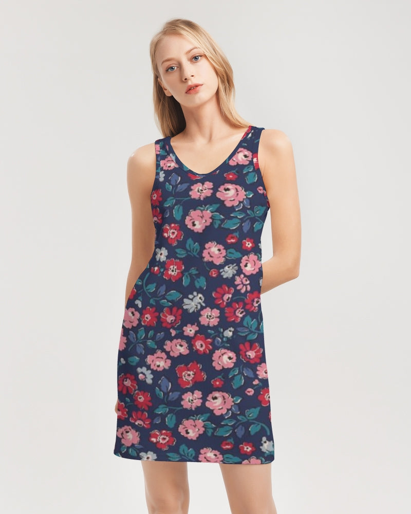 Midnight blue pretty glance. Women's All-Over PrintRib Knit V Neck Mini Dress