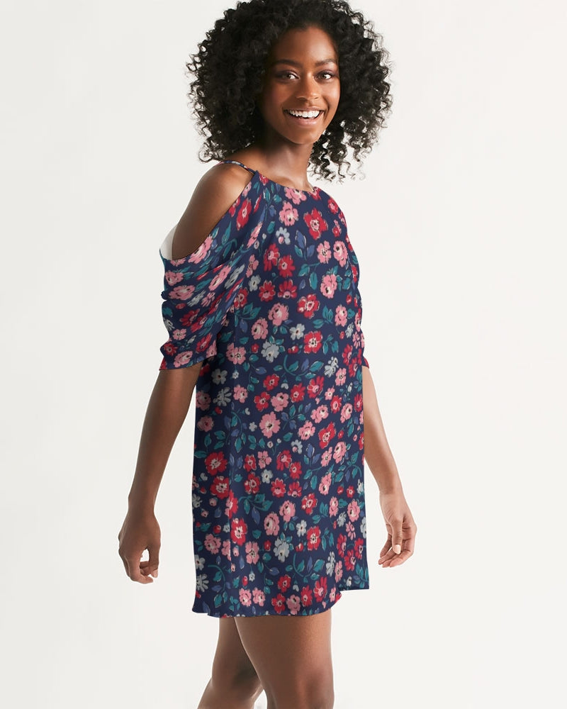 Midnight blue pretty glance. Women's All-Over Print Open Shoulder A-Line Dress