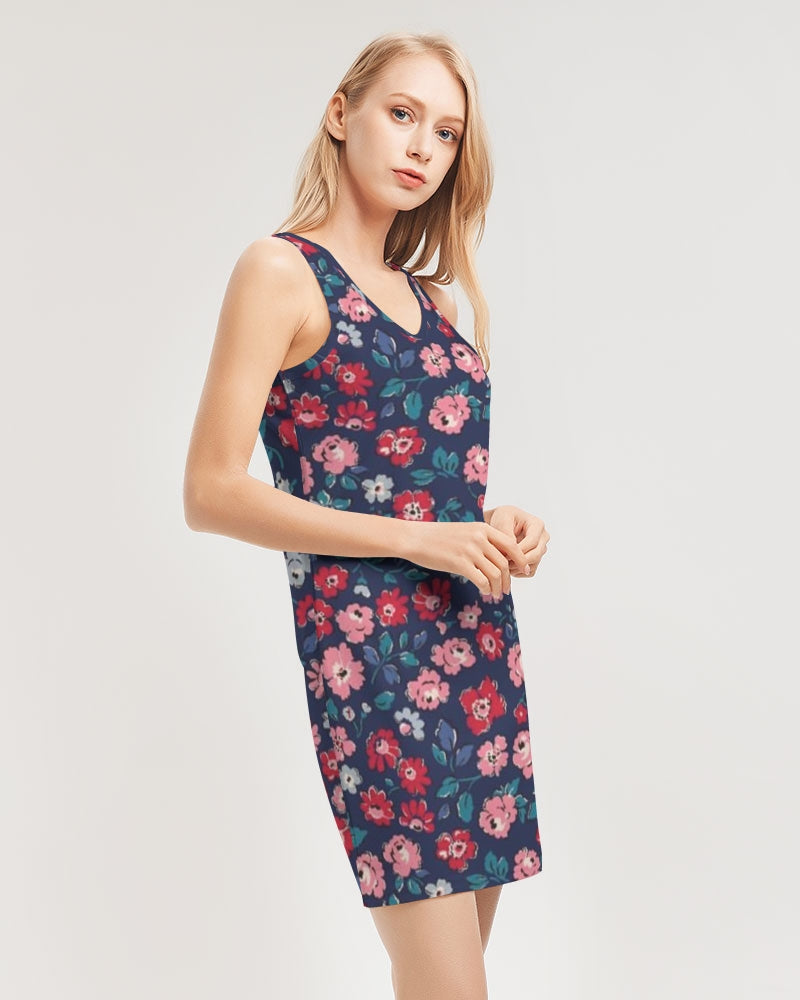 Midnight blue pretty glance. Women's All-Over PrintRib Knit V Neck Mini Dress