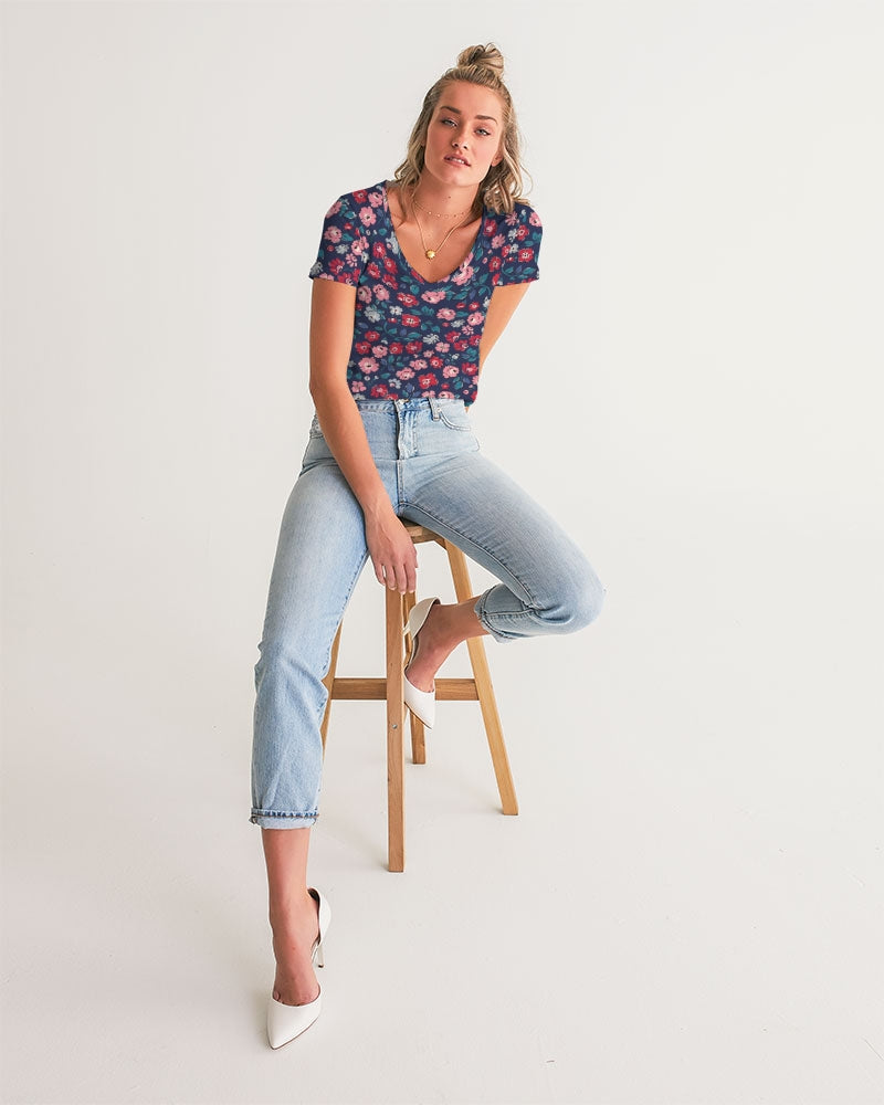 Midnight blue pretty glance. Women's All-Over Print V-Neck Tee