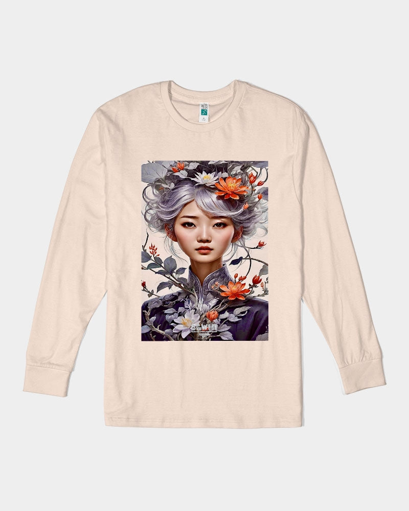 Beautiful Asian woman grey hair blossom Unisex Long Sleeve Tee | Lane Seven