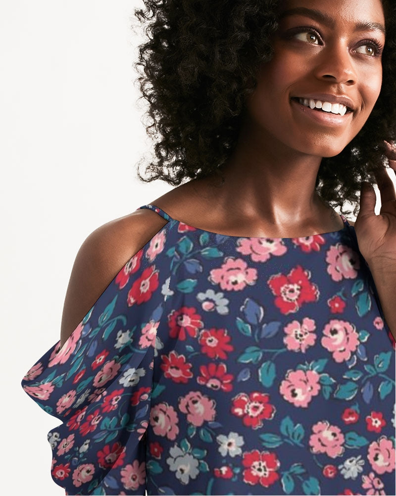 Midnight blue pretty glance. Women's All-Over Print Open Shoulder A-Line Dress