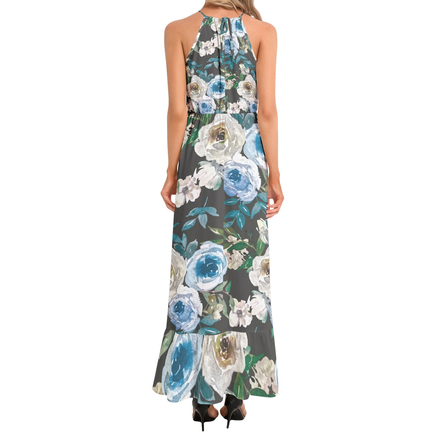 Ruffle Hem Halter Neck Maxi Dress