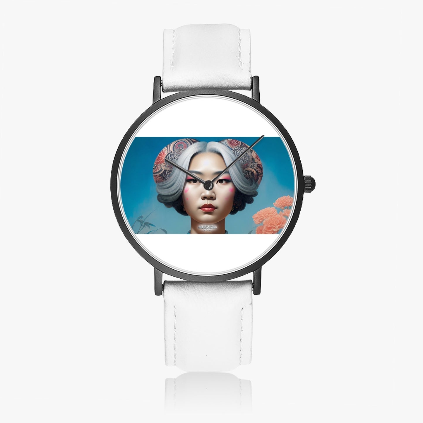 Asian woman clock face Silver grey white hair inspiration Selling Ultra-Thin Leather Strap Quartz Watch (Black)