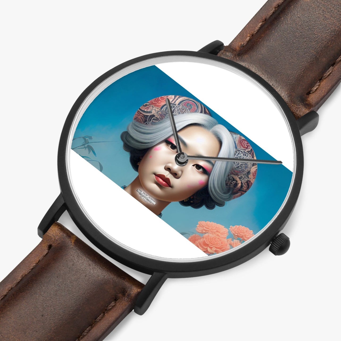 Asian woman clock face Silver grey white hair inspiration Selling Ultra-Thin Leather Strap Quartz Watch (Black)