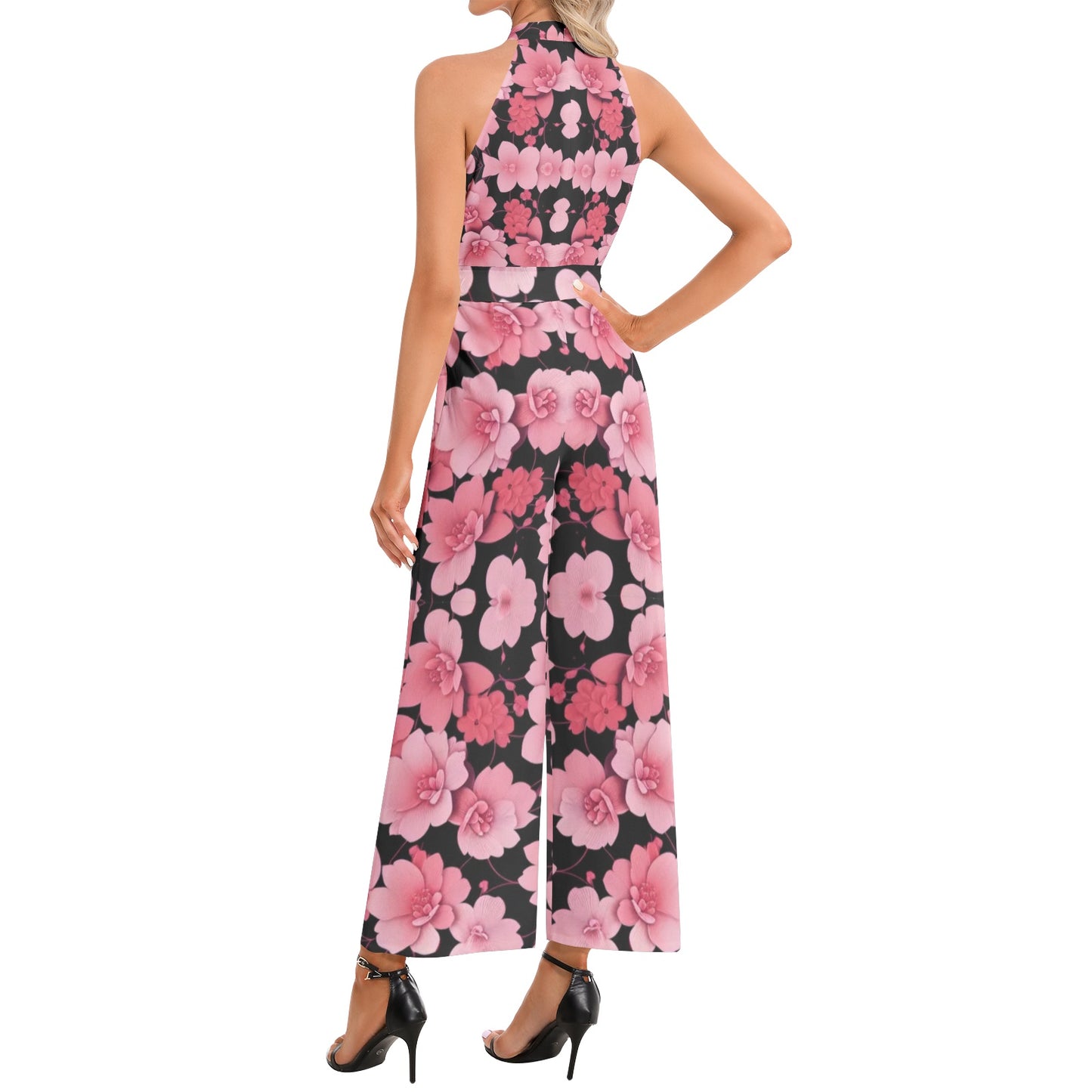 Silver grey white hair inspiration Neck Buckle Belted pink flower Jumpsuit