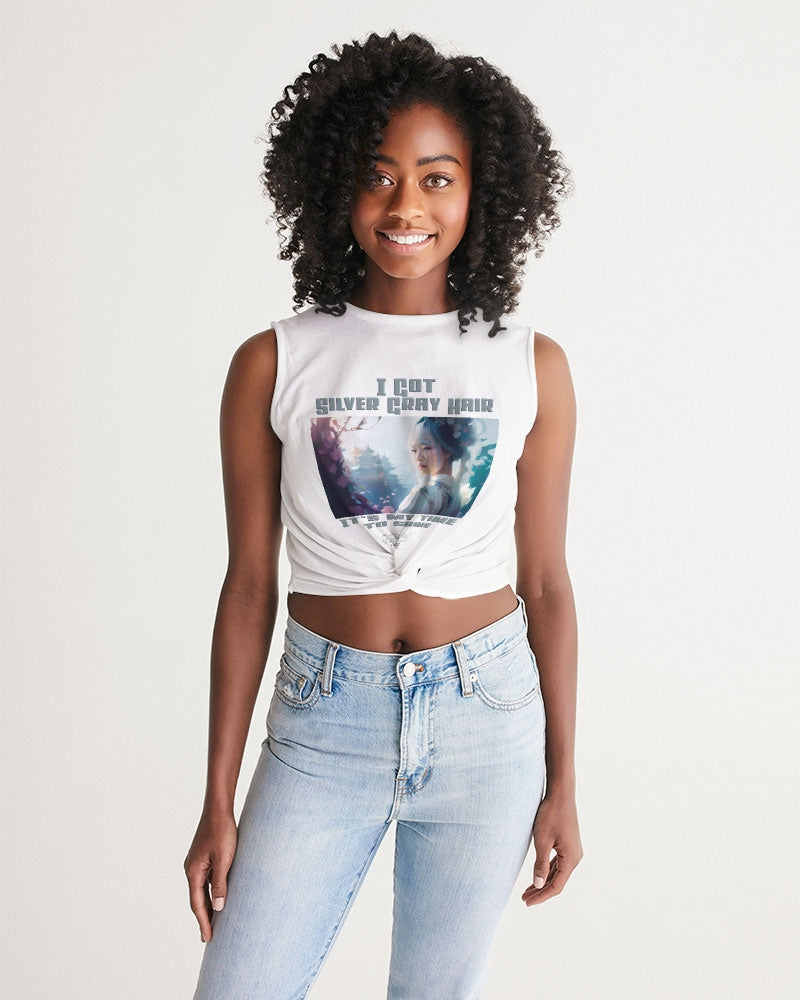 Asian sister with silver grey hair Women's All-Over Print Twist-Front Tank