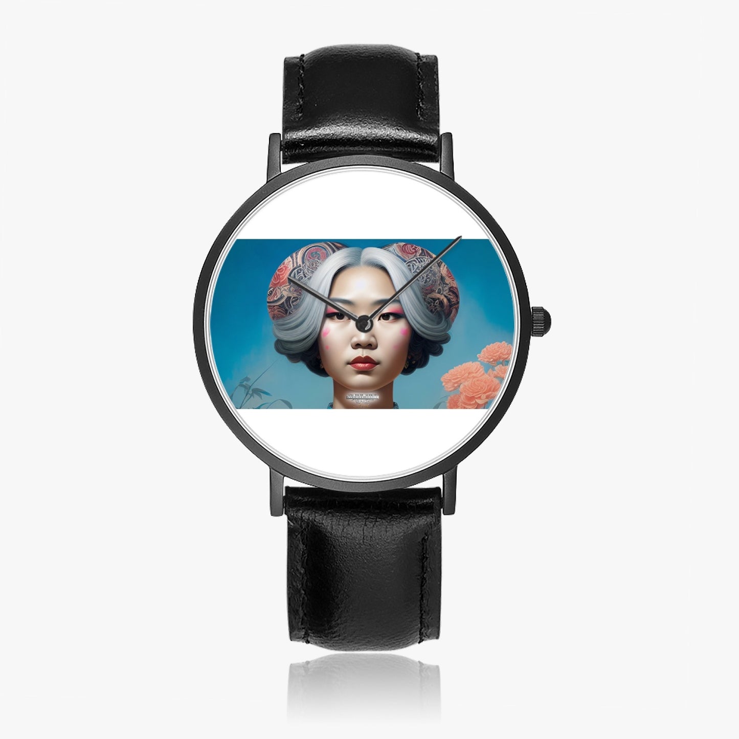 Asian woman clock face Silver grey white hair inspiration Selling Ultra-Thin Leather Strap Quartz Watch (Black)