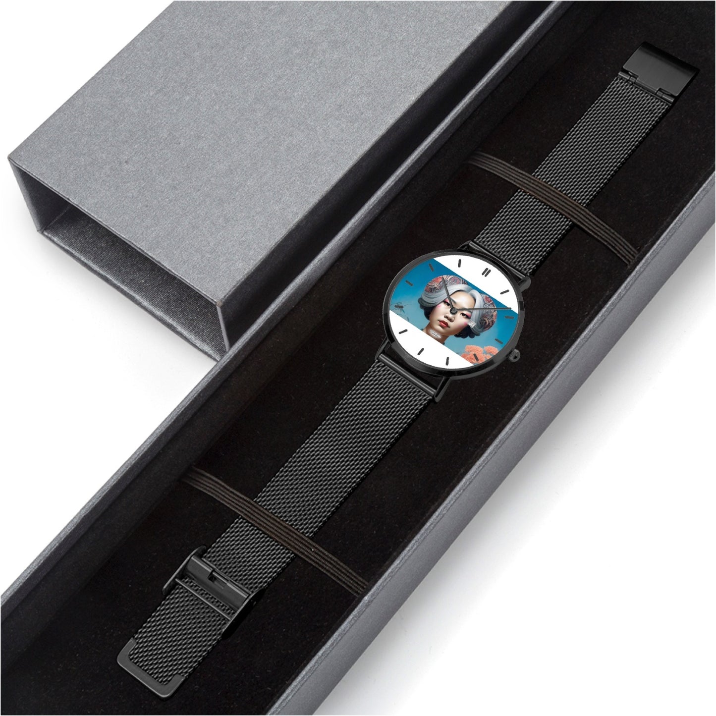 Asian woman clock face Silver grey white hair inspiration Stainless Steel Perpetual Calendar Quartz Watch (With Indicators)