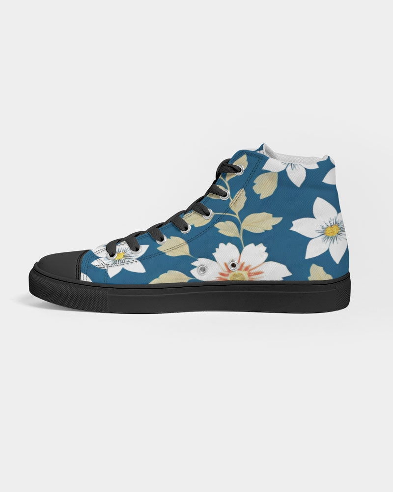 Dark blue background and white flower pattern Women's Hightop Canvas Shoe - Black