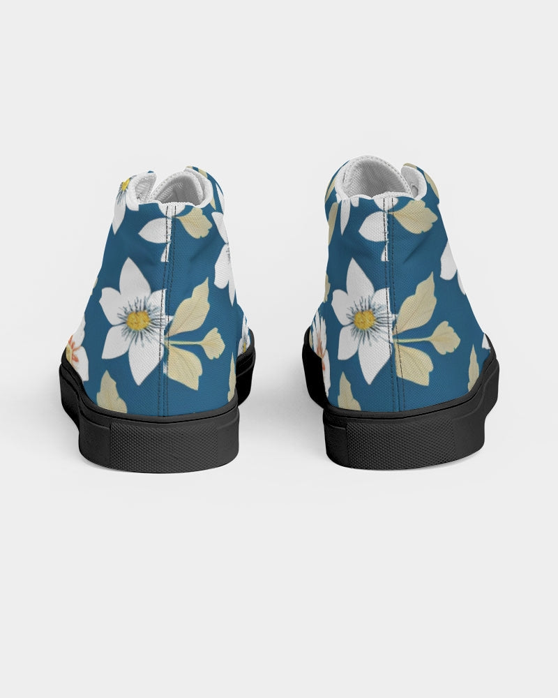 Dark blue background and white flower pattern Women's Hightop Canvas Shoe - Black