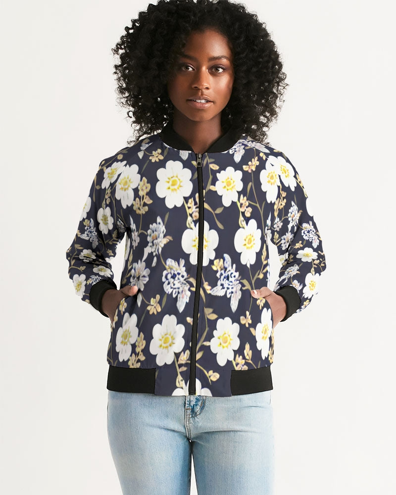 Pink flower black background Women's All-Over Print Bomber Jacket