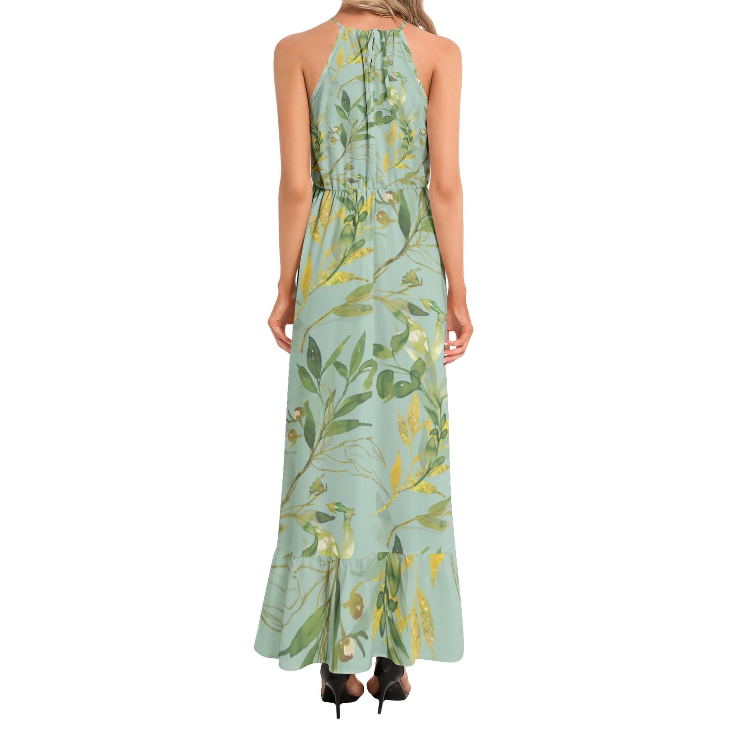 Ruffle Hem Halter Neck Maxi Dress