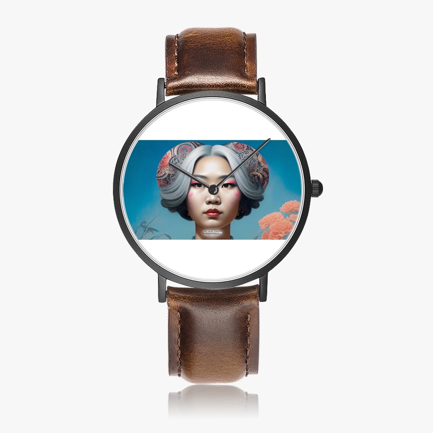 Asian woman clock face Silver grey white hair inspiration Selling Ultra-Thin Leather Strap Quartz Watch (Black)