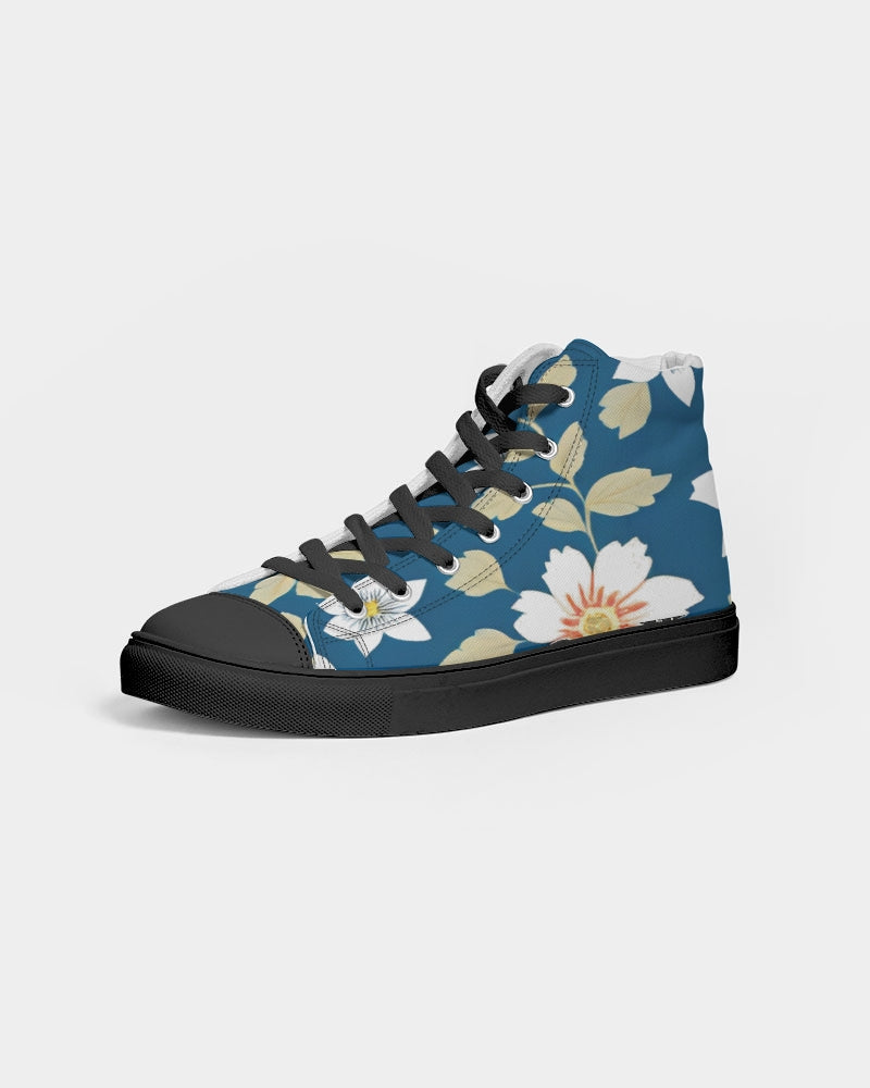 Dark blue background and white flower pattern Women's Hightop Canvas Shoe - Black