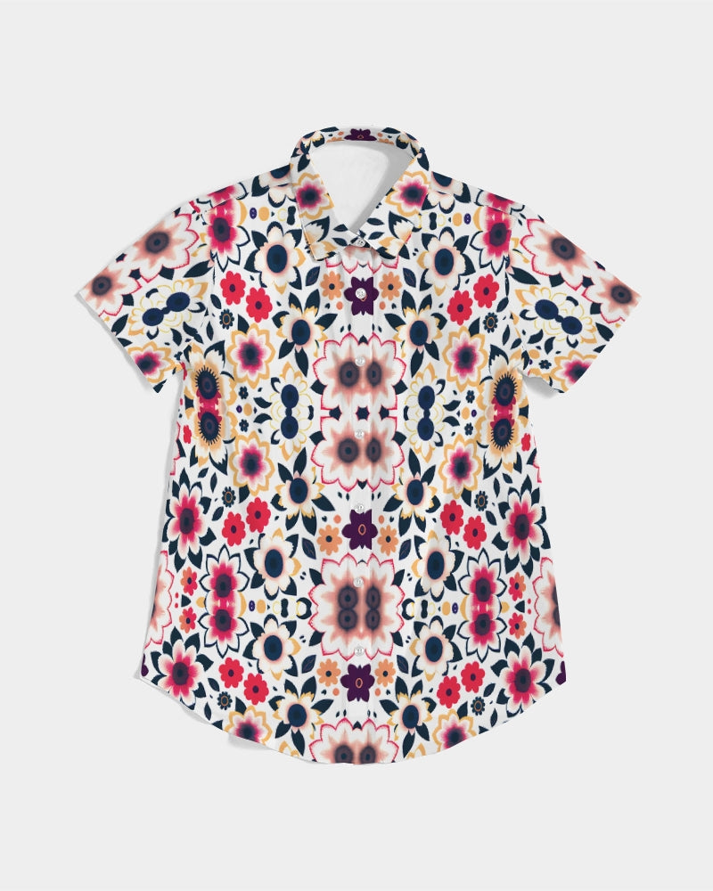 Abstract flower pattern Women's All-Over Print Short Sleeve Button Up