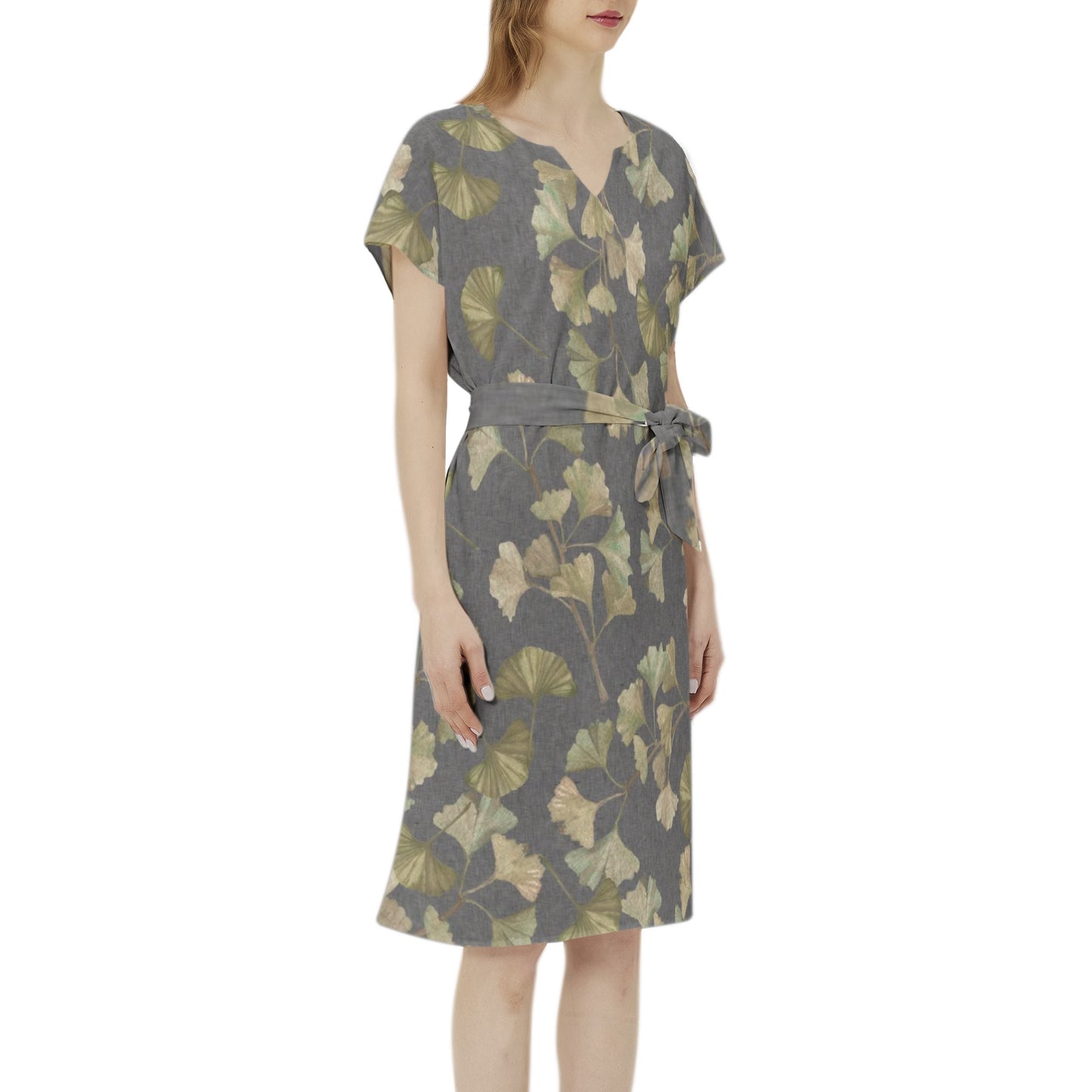 Betwing Seleeve Notch Neck Casual Dress with Belt