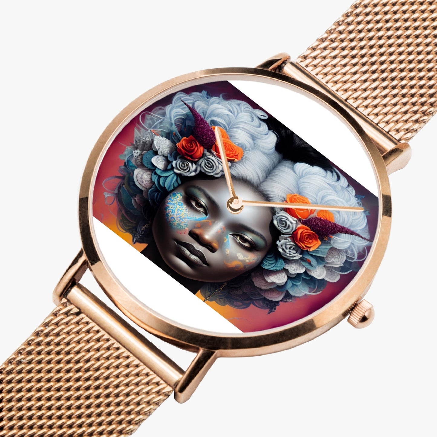 Black woman clock face Silver grey white hair inspiration Fashion Ultra-thin Stainless Steel Quartz Watch