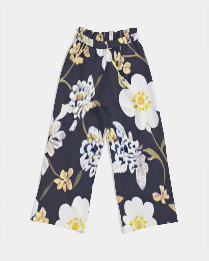 Pink flower black background Women's All-Over Print High-Rise Wide Leg Pants