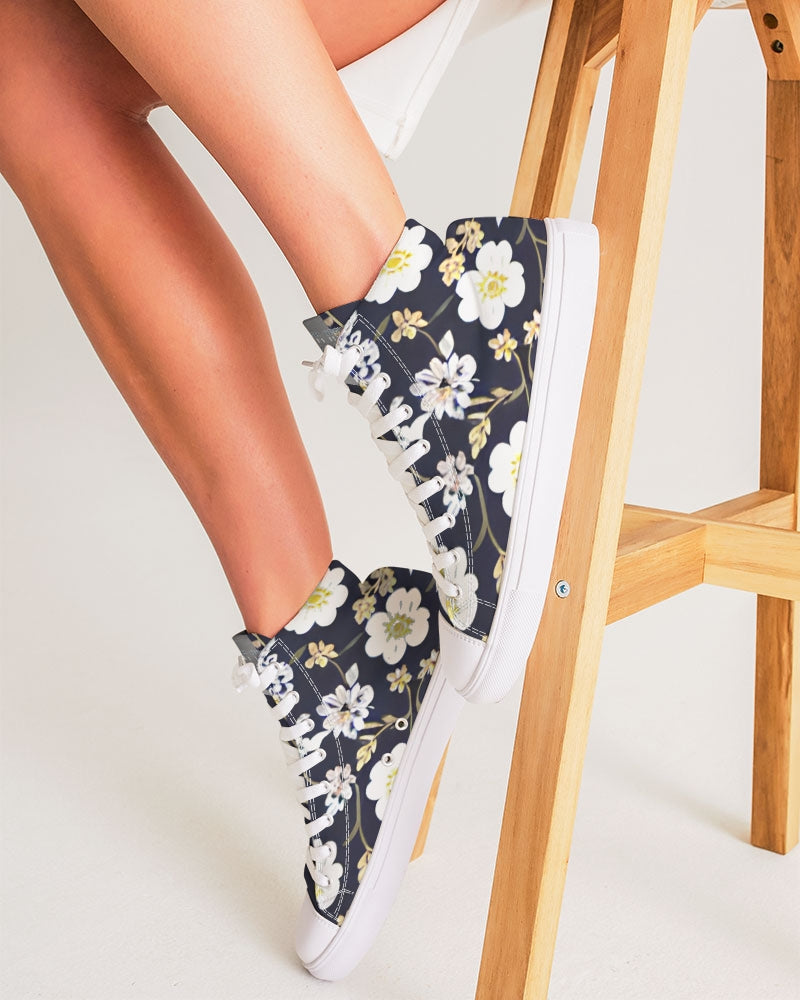 Pink flower black background Women's Hightop Canvas Shoe