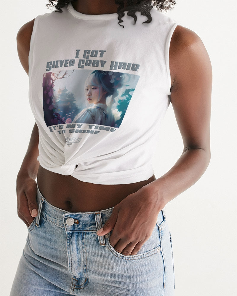 Asian sister with silver grey hair Women's All-Over Print Twist-Front Tank
