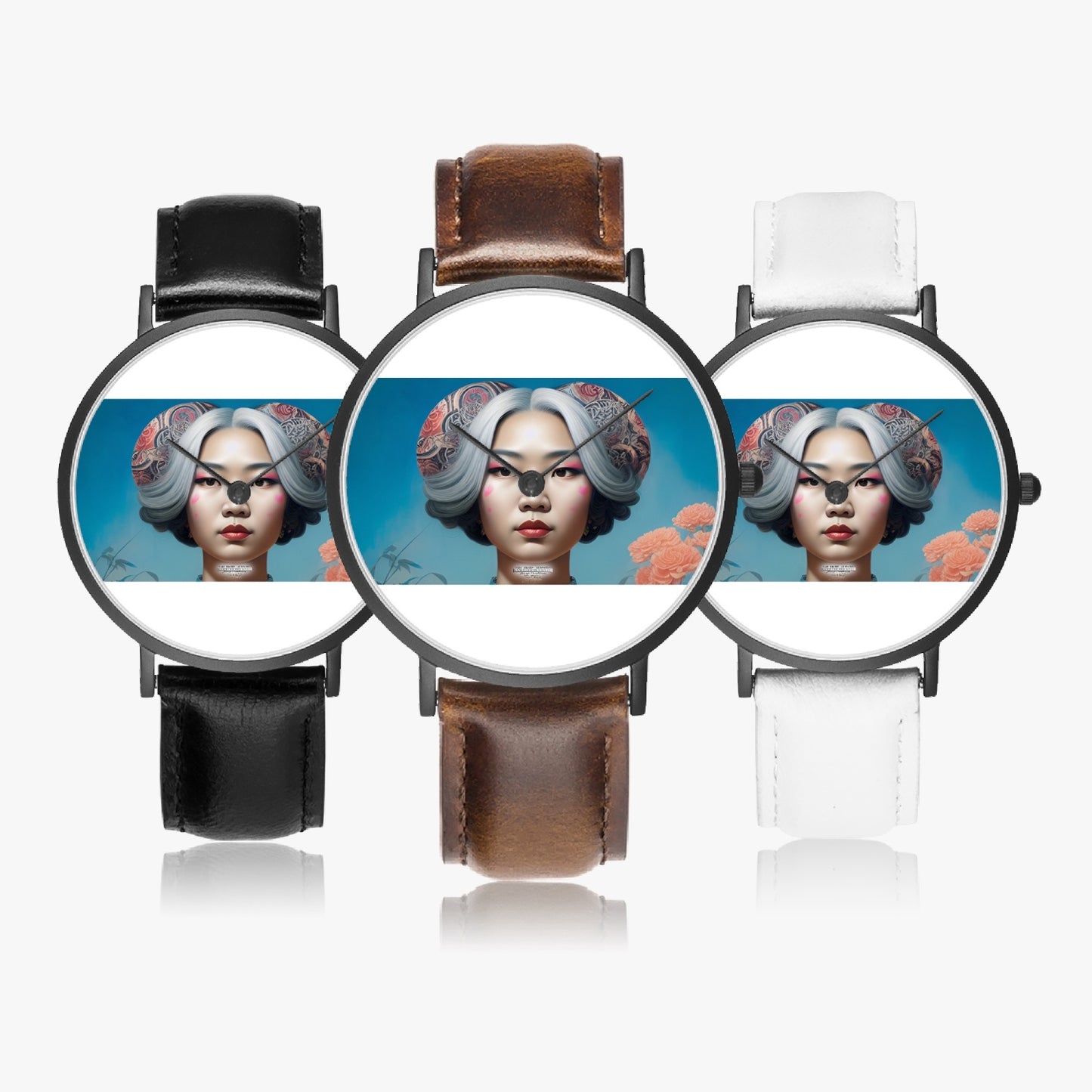 Asian woman clock face Silver grey white hair inspiration Selling Ultra-Thin Leather Strap Quartz Watch (Black)