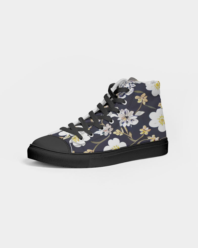 Pink flower black background Women's Hightop Canvas Shoe - Black