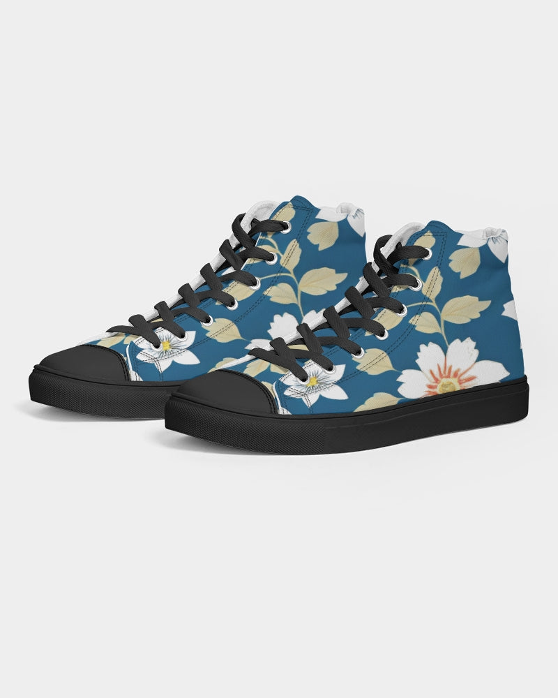 Dark blue background and white flower pattern Women's Hightop Canvas Shoe - Black