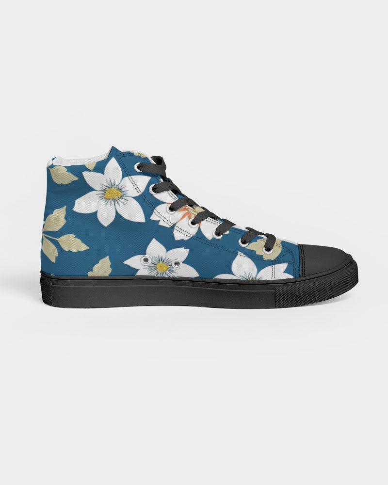 Dark blue background and white flower pattern Women's Hightop Canvas Shoe - Black