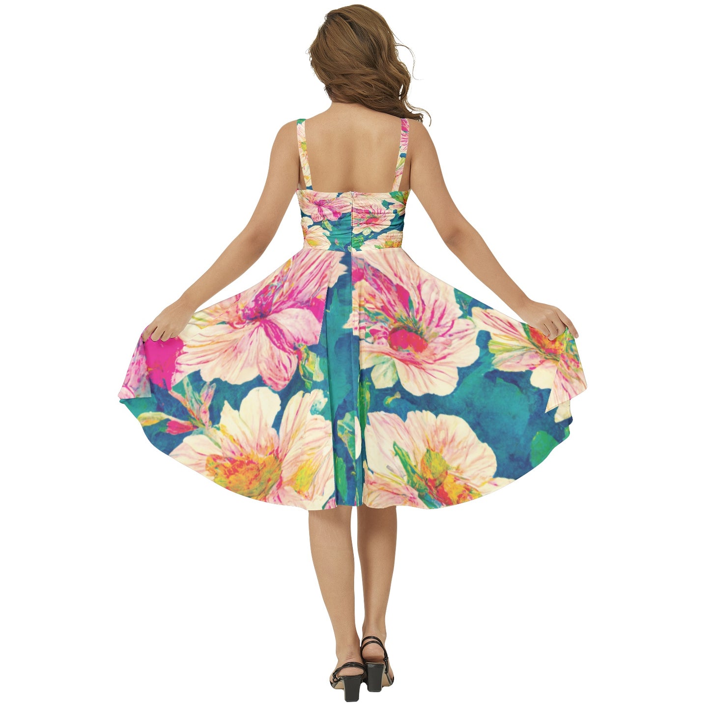 Sleeveless Square Neck Flare Hem Midi Dress