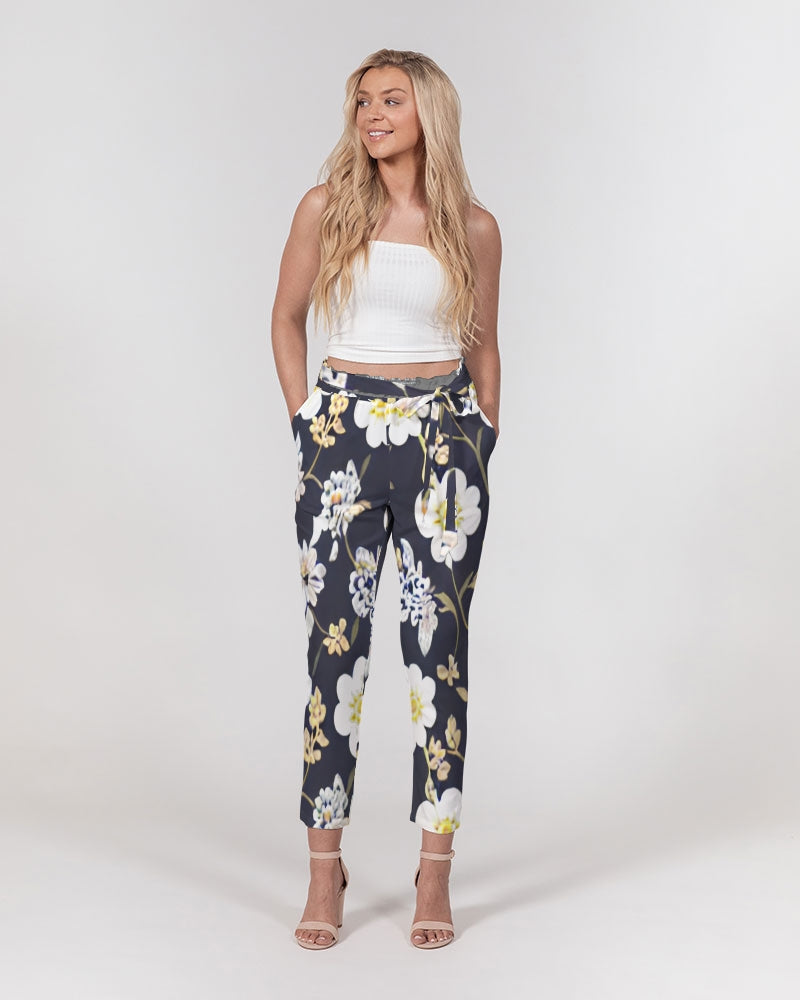 Pink flower black background Women's All-Over Print Belted Tapered Pants