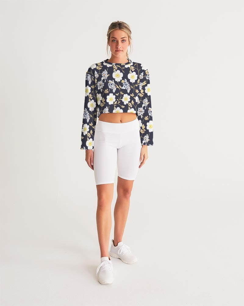 Pink flower black background Women's All-Over Print Cropped Sweatshirt